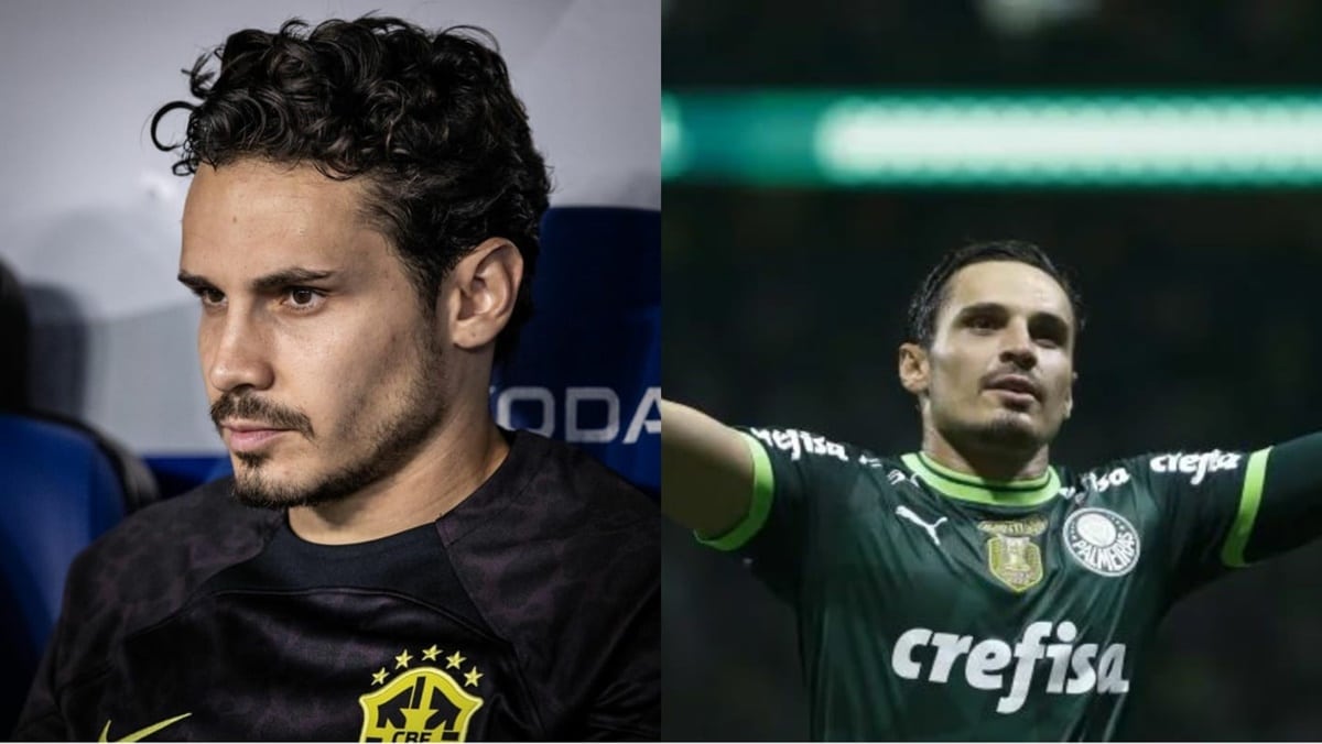 Raphael Veiga, no banco de reservas da Seleção Brasileira, e dando espetáculo ao Palmeiras (Fotos: Reprodução/ Instagram/ Montagem)