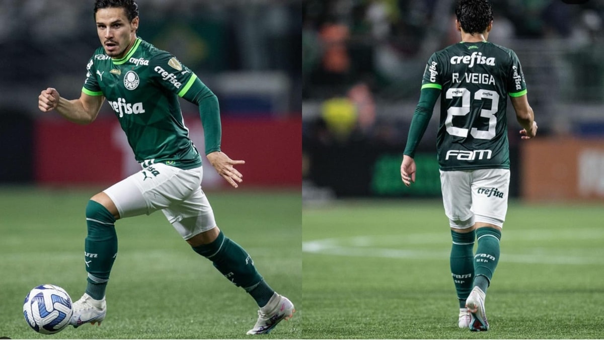 O camisa 23 do Verdão em campo; ele é craque do time de Leila Pereira (Fotos: Reprodução/ Instagram/ Montagem)