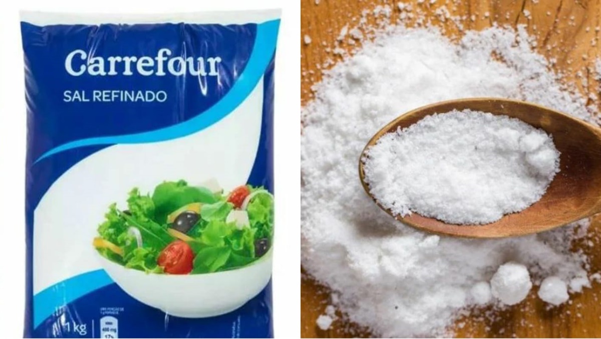 Sal da marca Carrefour teve lote retirado de circulação pela Anvisa (Fotos: Reprodução/ Carrefour/ Internet/ Montagem)