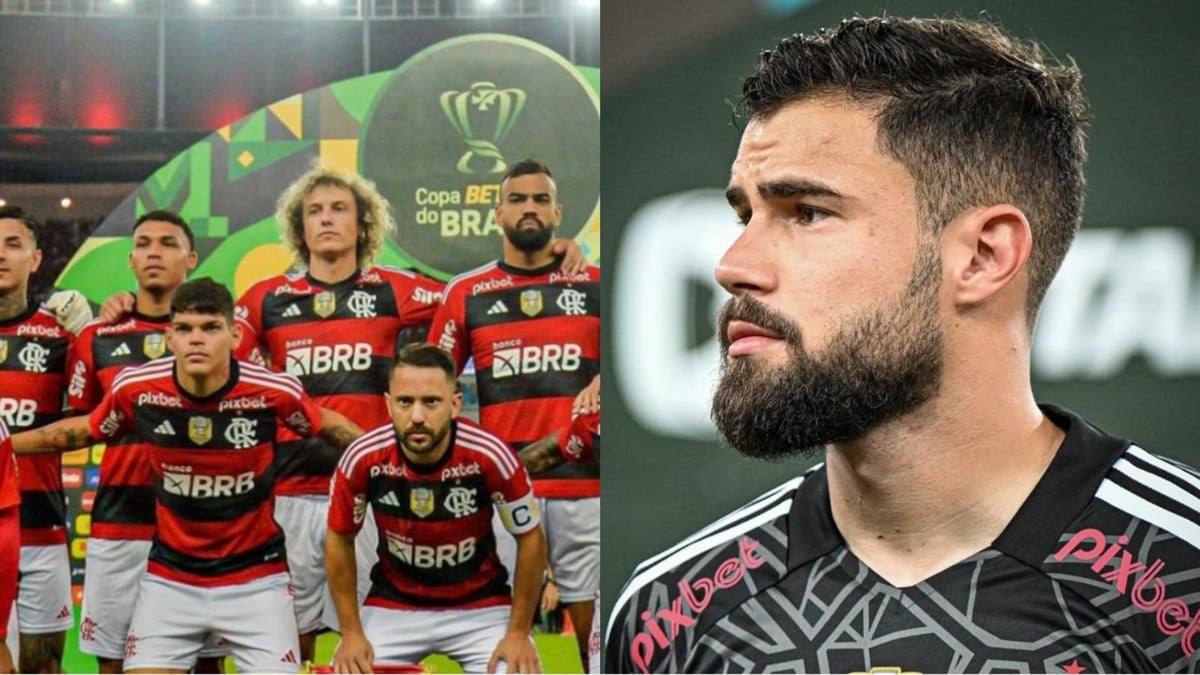 Elenco do Flamengo e o goleiro Matheus Cunha (Fotos: Reprodução/ Divulgação/ Instagram/ CRF)