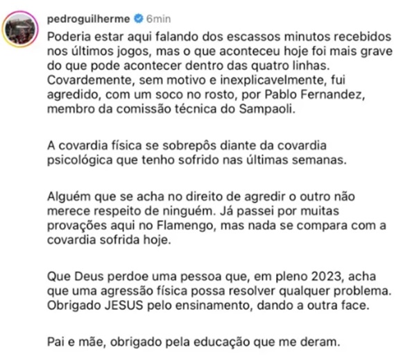 Pedro desabafa publicamente em suas redes sociais após episódio de agressão nos bastidores do Flamengo (Foto: Reprodução/ Instagram)