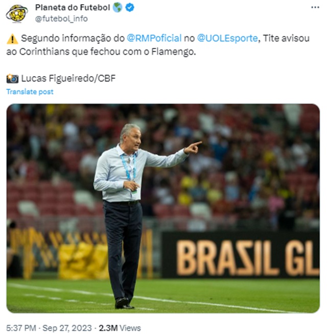 Outras fontes garantiram a decisão de Tite com o Flamengo (Foto: Reprodução/ X, Twitter)