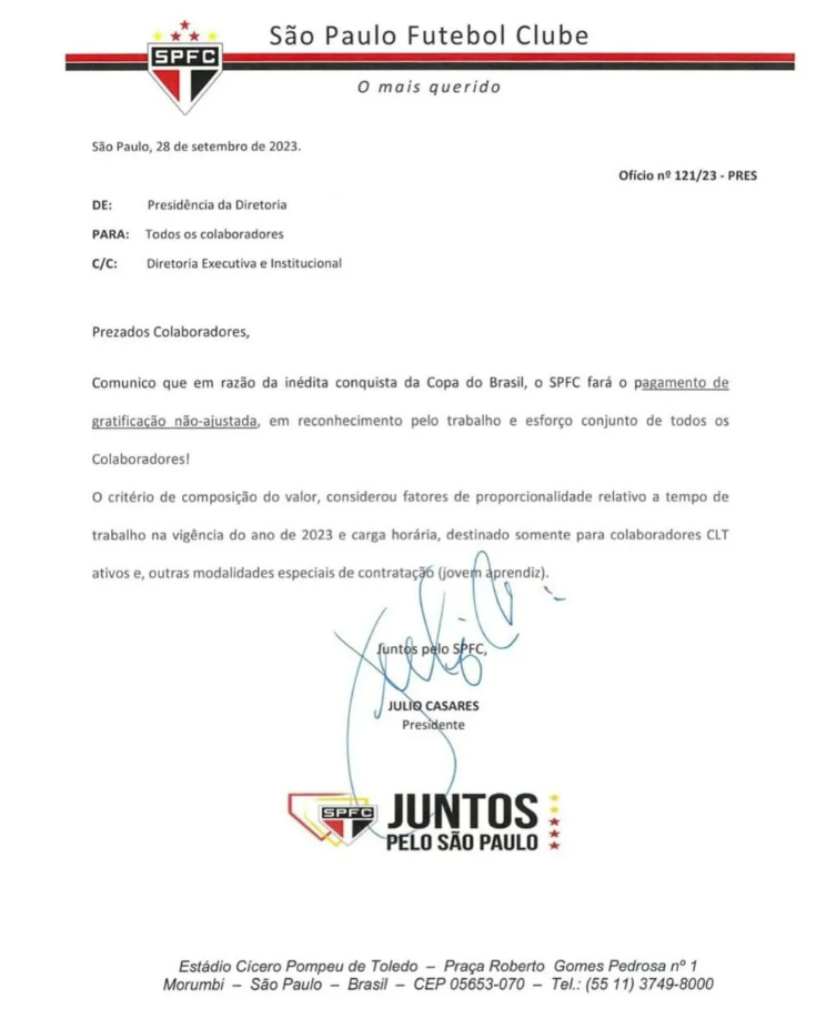 Presidente do São Paulo, Julio Casares enviou carta para funcionários do clube de futebol noticiando bonificação (Foto: Reprodução)