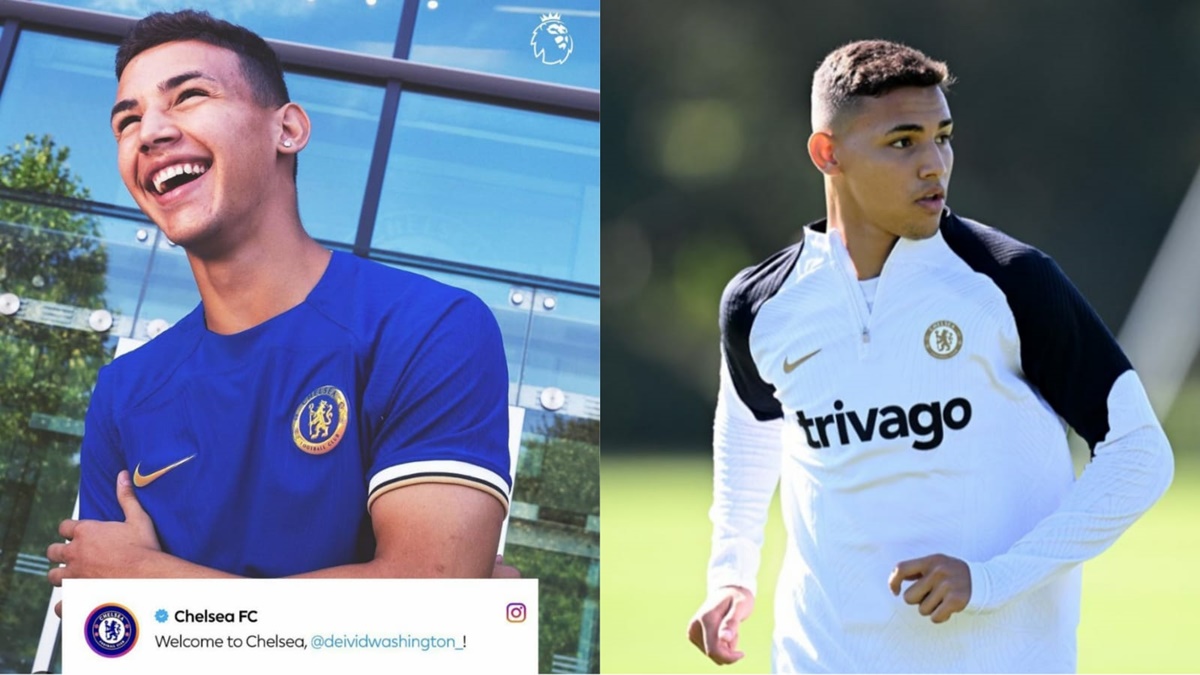 Deivid Washington com a camisa do Chelsea, clube da Premier League, e nos treinamentos dos gramados ingleses (Foto: Reprodução/ Instagram/ Montagem)