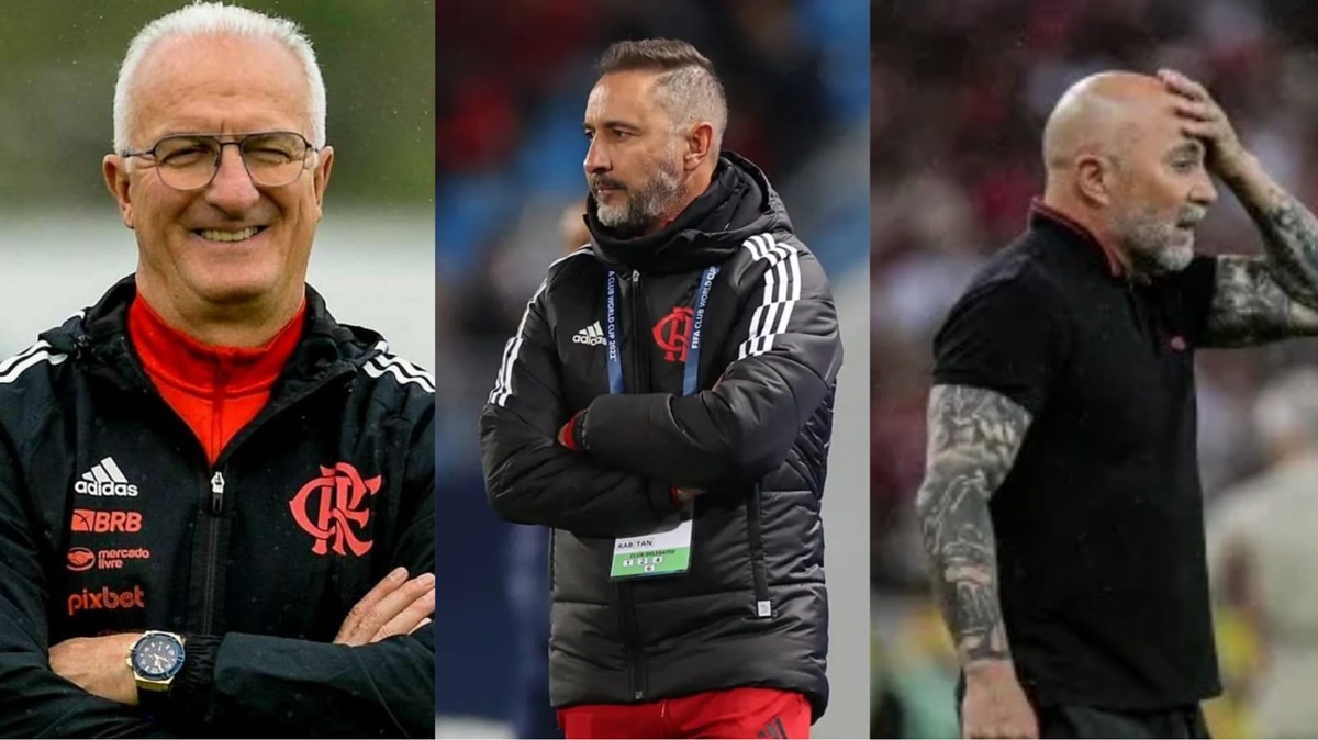 Da esquerda para a direita: Dorival Jr., Vítor Pereira e Jorge Sampaoli - os últimos técnicos do Flamengo (Fotos: Reprodução/ Marcelo Cortes/ Fadel Senna/AFP/ Thiago Ribeiro/AGIF/ Montagem)