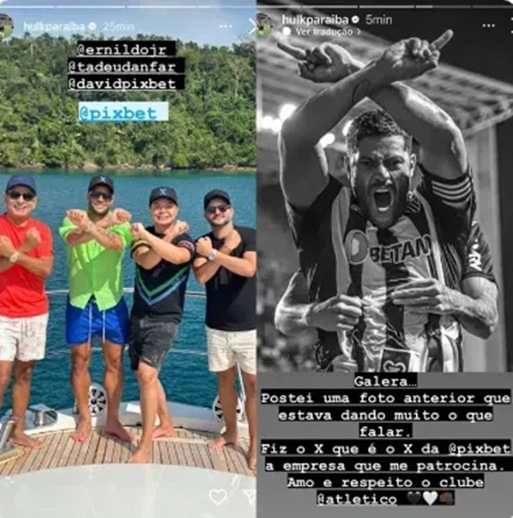 O gesto do jogador em ação publicitária em sua rede social; ao lado sua retratação diante da polêmica (Fotos: Reprodução/ Instagram/ Montagem)