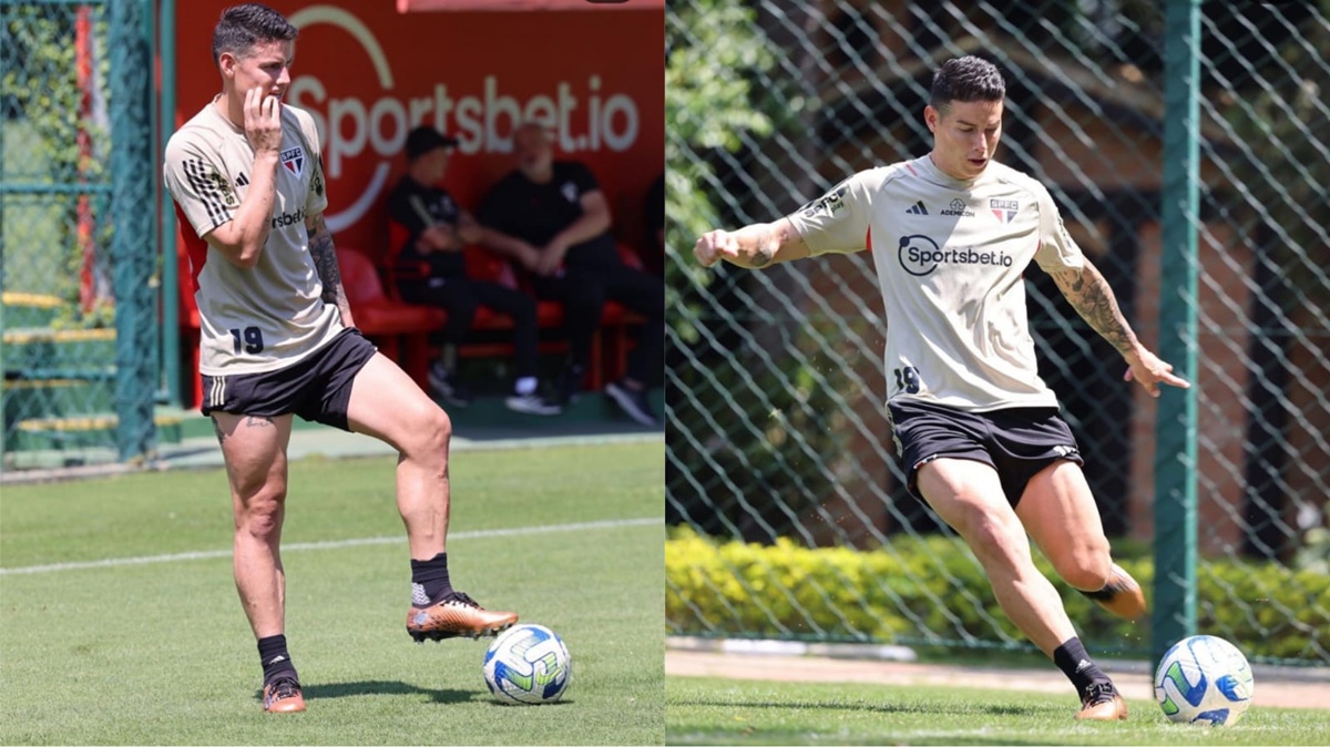 James Rodríguez nos treinos no CT da Barra Funda (Fotos: Reprodução/ Divulgação/ SPFC/ Instagram/ Montagem)