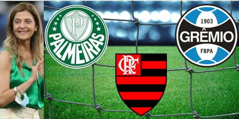 Leila Pereira e logos do Palmeiras, Flamengo e Grêmio (Foto: Reprodução / Internet)