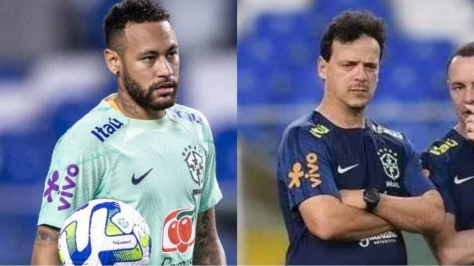 Neymar e o técnico Fernando Diniz, em treinos da Seleção Brasileira (Fotos: Reprodução/ Nogueira Foto/ Imago Images/ Carl de Souza/ AFP/ Montagem)