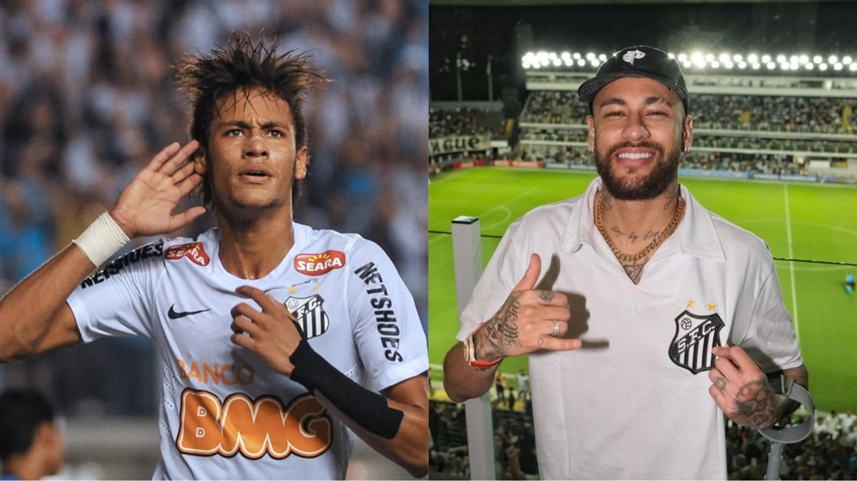 Neymar Jr, em 2012, jogando pelo Santos, e em 2023, visitando a Vila Belmiro (Fotos: Reprodução/ GettyImages/ Instagram/ Montagem)