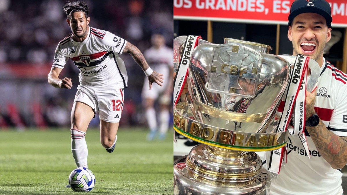 Alexandre Pato nos gramados com a camisa do São Paulo e segurando a taça da Copa do Brasil 2023 (Fotos: Reprodução/ Divulgação/ SPFC/ Instagram/ Montagem)