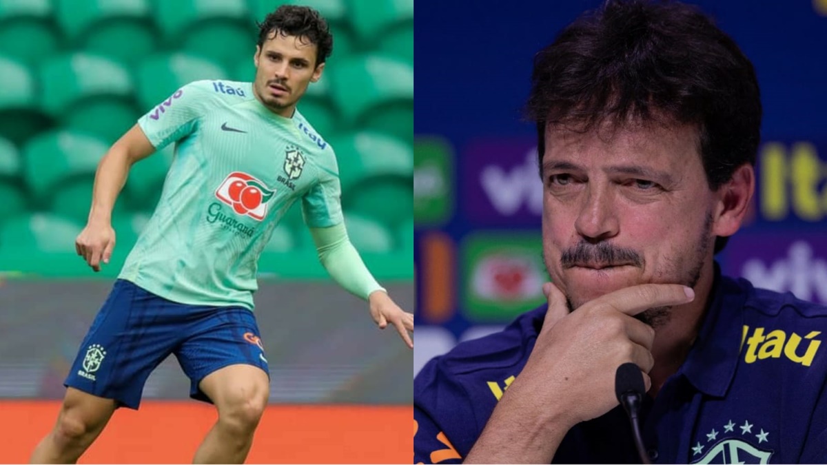 Raphael Veiga em treino da Seleção Brasileira e o novo técnico da amarelinha, Fernando Diniz, em coletiva (Fotos: Reprodução/ Joilson Marconne/ CBF/ Eduardo Anizelli/ Montagem)