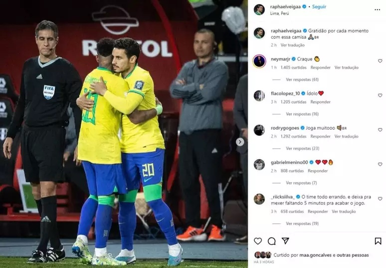 Raphael Veiga publica fotos da substituição de Neymar e artilheiro rasga elogio (Foto: Reprodução/ Instagram)