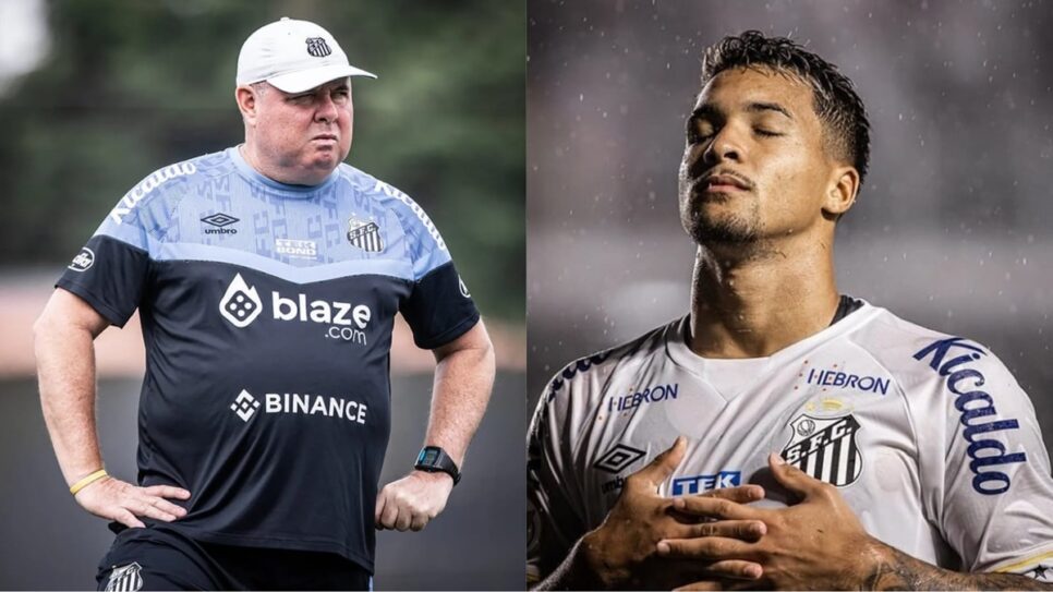 Marcelo Fernandes, técnico do Santos, e o atacante Marcos Leonardo (Fotos: Reprodução/ Raul Baretta/ SantosFC/ Montagem)