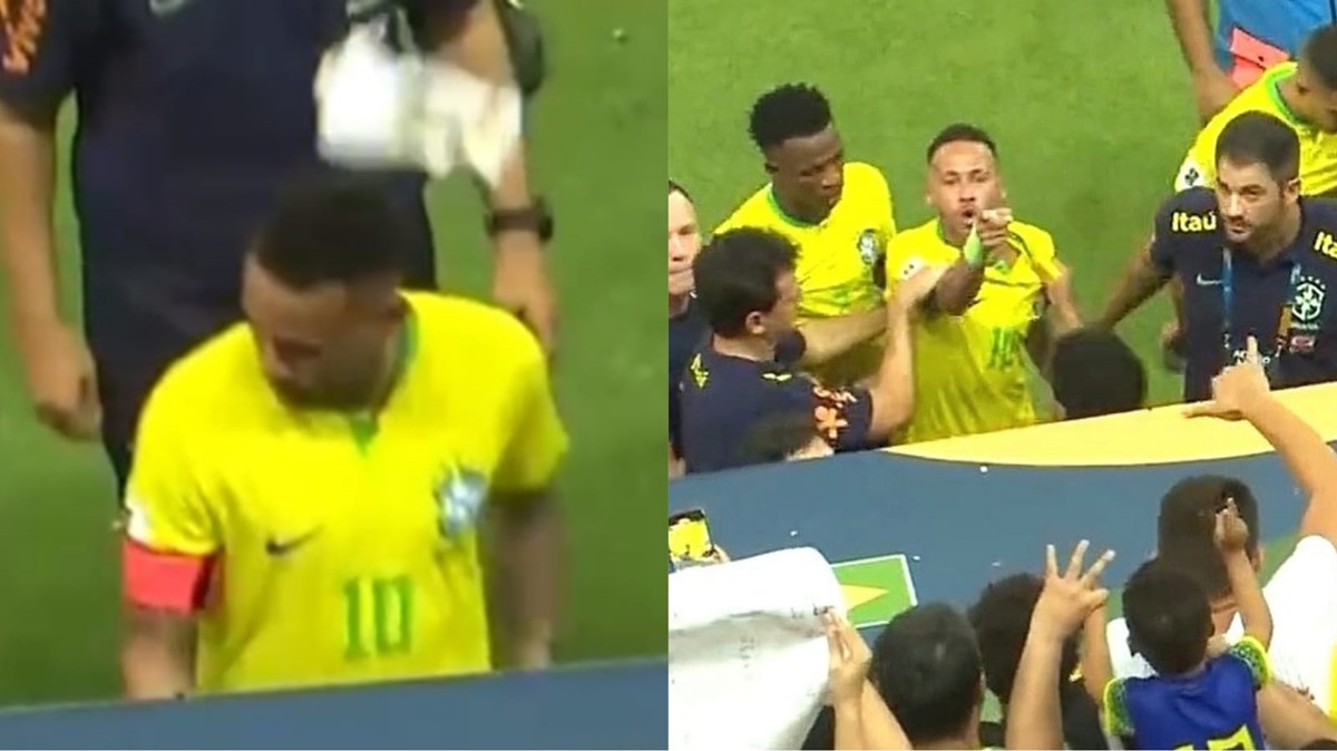 Saco de pipoca é arremessado no rosto de Neymar que xinga e cobra satisfação (Fotos: Reprodução/ TNT Sports/ Montagem)