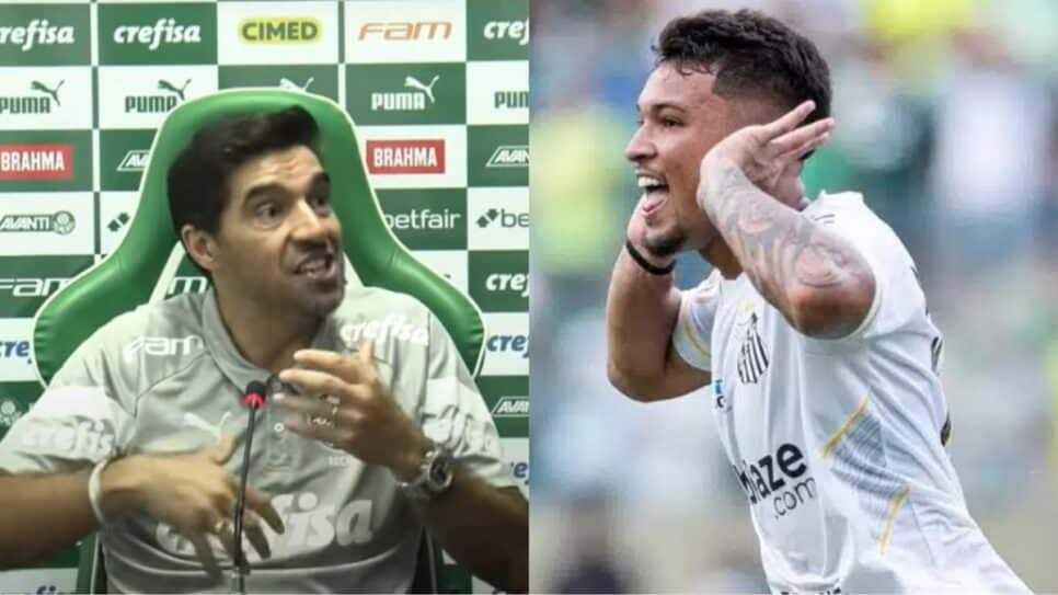 Abel Ferreira em coletiva de imprensa após derrota para o Santos, com gol final de Marcos Leonardo pelo Brasileirão 2023 (Fotos: Reprodução/ TV Palmeiras/ Imago Images / Montagem)