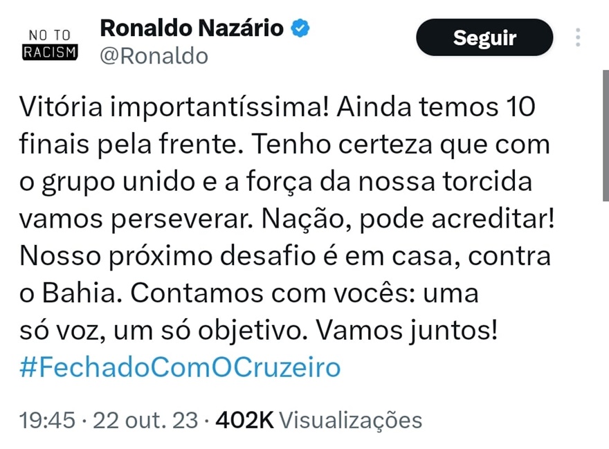 Ronaldo Fenômeno comemora vitória em clássico e faz pedido a torcedores (Foto: Reprodução/ X, Twitter)