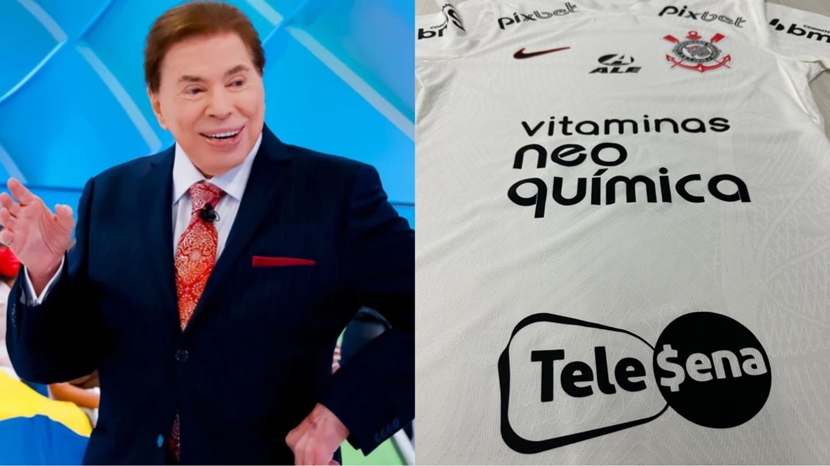 O ex-apresentador e ex-empresário Silvio Santos, e a camisa do Corinthians com patrocínio novo da Tele Sena, do Grupo SS (Fotos: Reprodução/ SBT/ Internet/ Montagem)