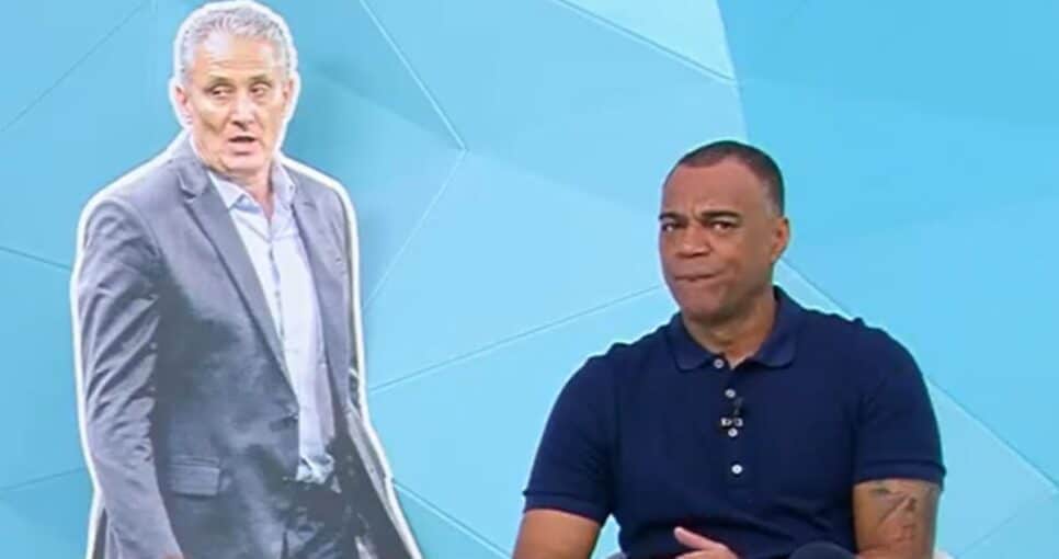 Imagem de Tite posicionada ao lado de Denílson Show, durante o esportivo 'Jogo Aberto' (Foto: Reprodução/ Band/ YouTUbe)