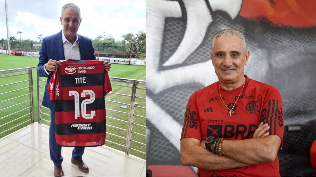 Tite em fotos de sua chegada ao Flamengo (Fotos: Reprodução/ Natã Soares / Divulgação/ CRF/ Montagem)