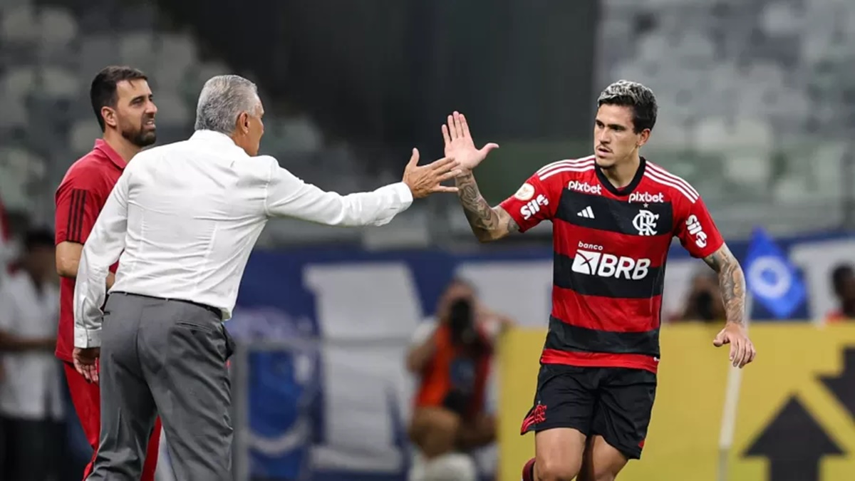 Tite saúda Pedro durante partida de estreia no Flamengo contra o Cruzeiro (Foto: Reprodução/ CRF)