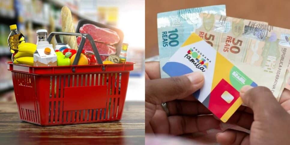 Cesta básica e mulher sacando dinheiro do Bolsa Família (Foto: Reprodução / Internet)