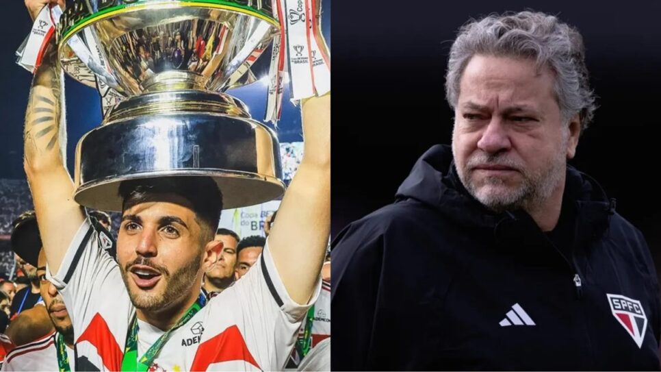 Lucas Beraldo erguendo a taça da Copa do Brasil; Julio Casares aceita vender atleta por fortuna (Foto: Reprodução/ Ettore Chiereguini/ AGIF/ Rubens Chiri/ SPFC/ Montagem)