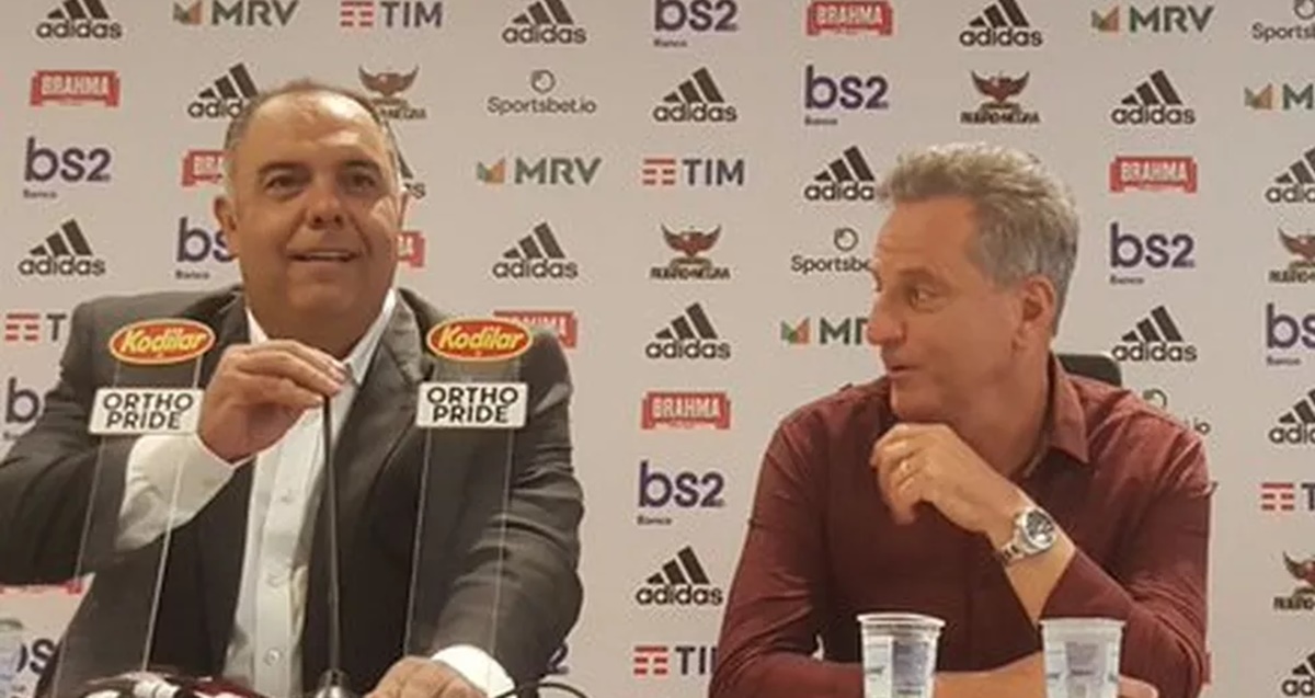 Marcos Braz e Rodolfo Landim, mandatários do Flamengo, em coletiva (Foto: Reprodução/ Felipe Schmidt/ GE)