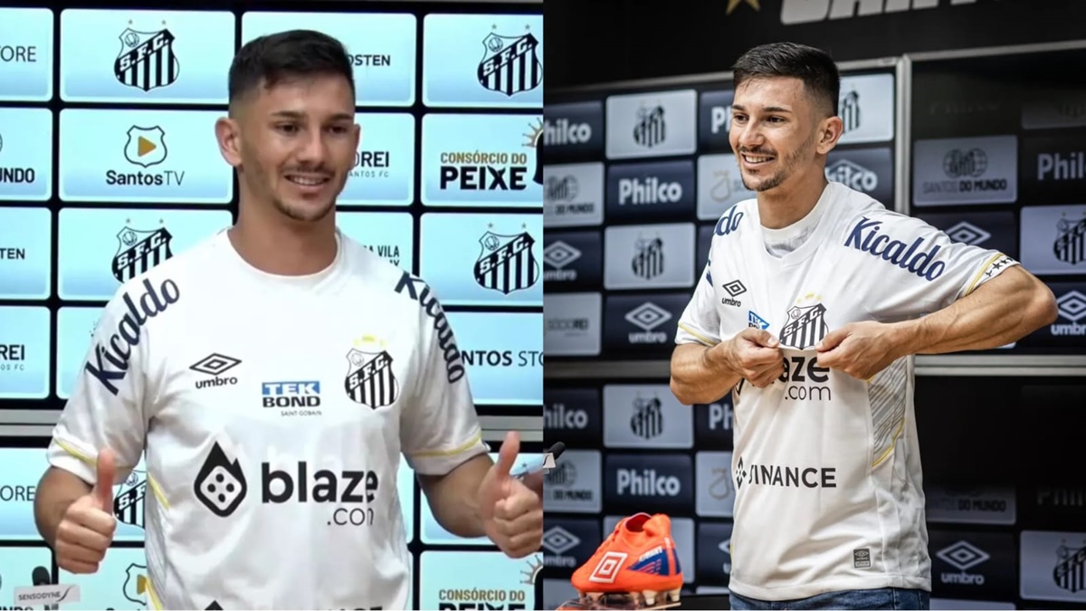 Maxi Silvera foi reforço contratado pelo Santos que ainda não jogou e deve ser peça descartada em 2024 (Fotos: Reprodução/ Divulgação/ Santos FC/ Montagem)