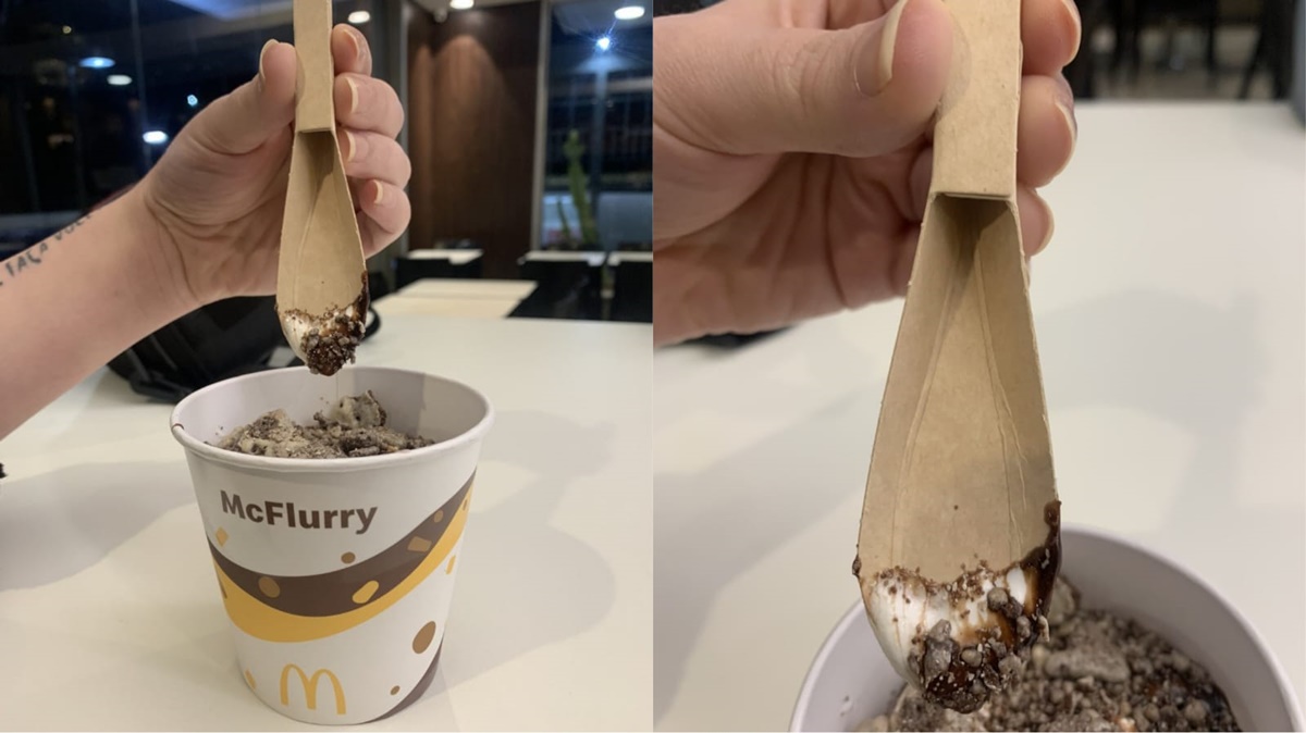 Nova colher sustentável do McFlurry tem menos plástico e já chegou em algumas unidades brasileiras (Foto: Reprodução/ Internet/ Montagem)