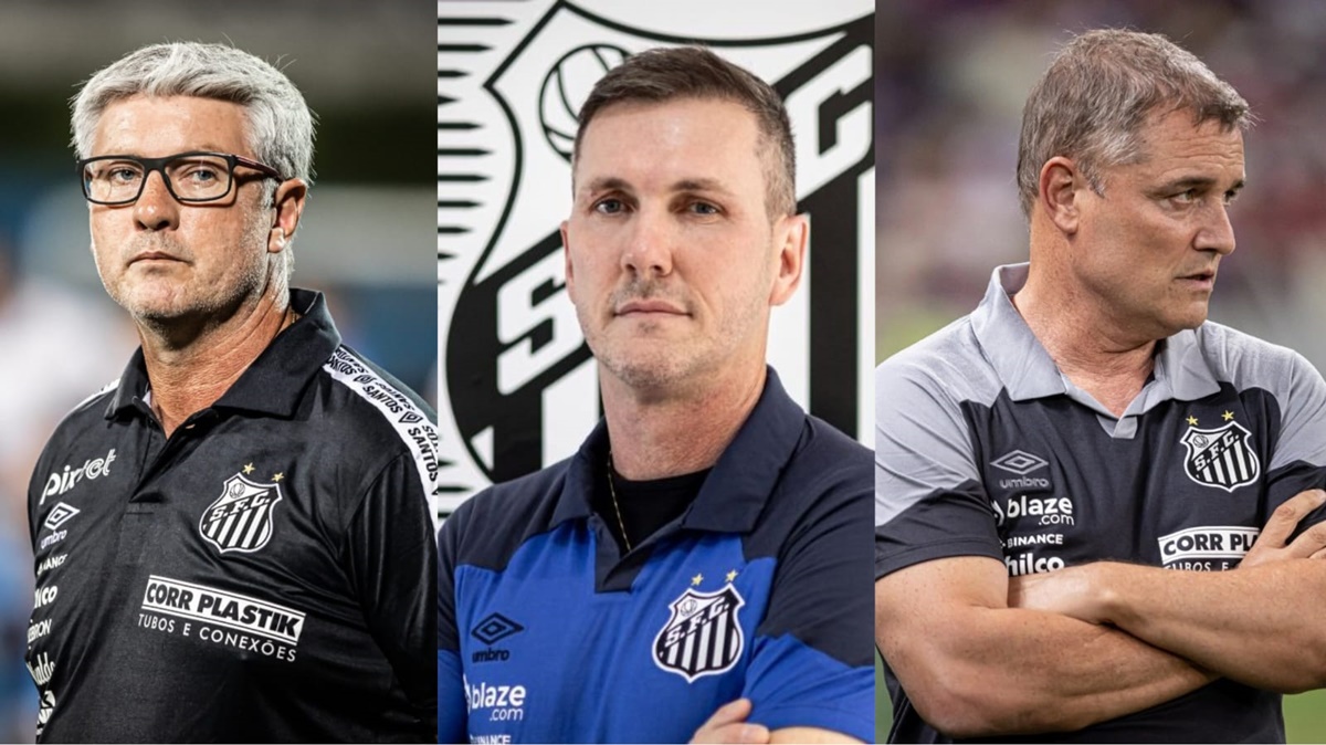 Os ex-técnicos do Santos em 2023: Odair Hellmann, Paulo Turra e Diego Aguirre (Fotos: Reprodução/ Santos FC/ Divulgação/ Montagem)