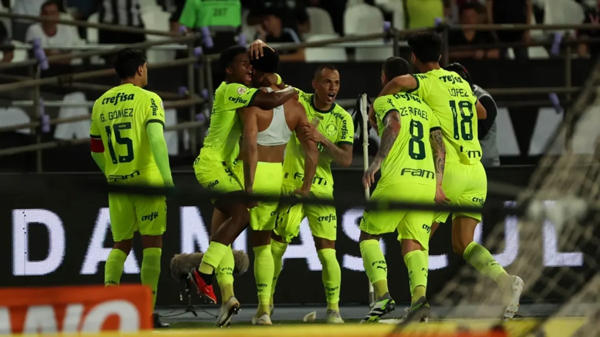 Elenco do Palmeiras celebrando vitória de virada em cima do Botafogo e sonhando com reviravolta no Brasileirão (Foto: Reprodução/ Cesar Greco/ SE Palmeiras)