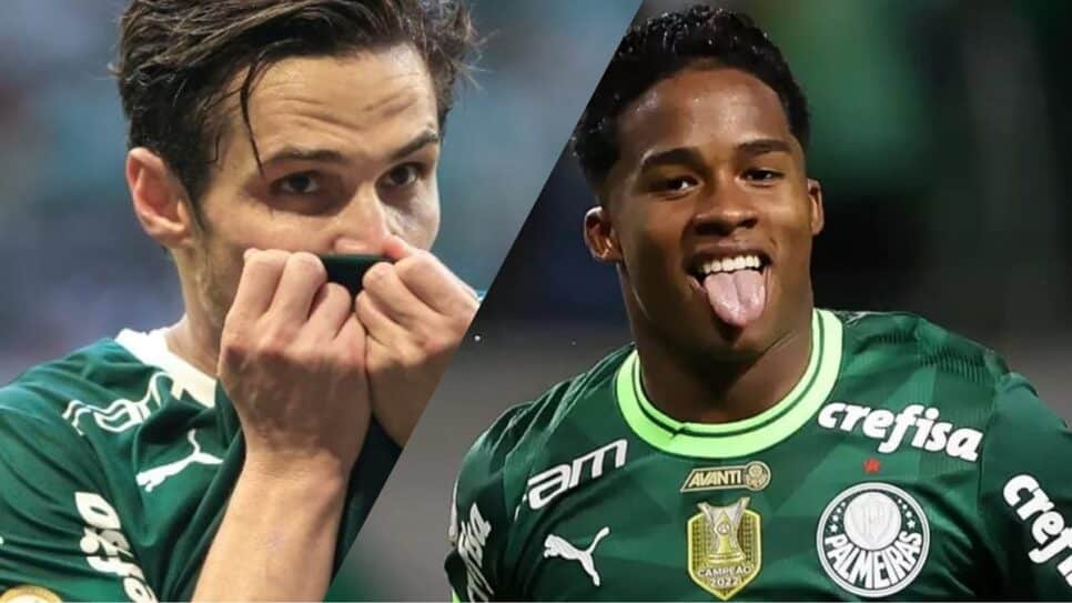 Endrick se torna artilheiro do Palmeiras no Brasileirão 2023 e desbanca Raphael Veiga (Foto: Reprodução/ Cesar Greco/ SEP/ Montagem)