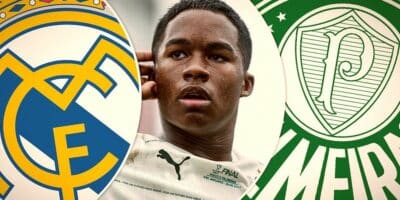 Endrick em meio aos brasões do Real Madrid, seu futuro time, e do Palmeiras, sua atul equipe (Foto: Reprodução / Internet/ Montagem)