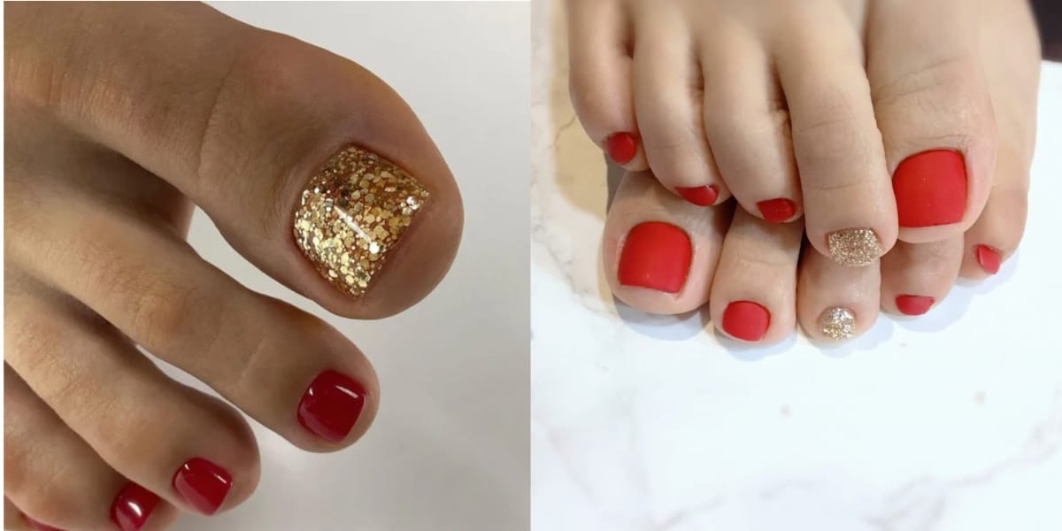 Unhas vermelhas e dourado para pedir para pedicure (Imagem Reprodução Internet)