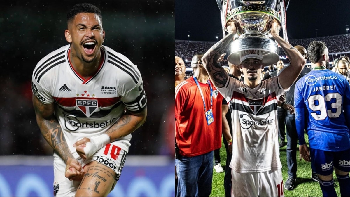 Luciano com a taça da Copa do Brasil e celebrando gol (Fotos: Reprodução/ Instagram/ Montagem)