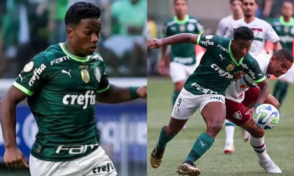 Endrick foi nomeado Craque do Jogo em penúltima partida do Palmeiras no Brasileirão 2023 (Foto: Reprodução/ Fabio Gianelli/ AFP/ Cesar Greco/ SEP/ Montagem)