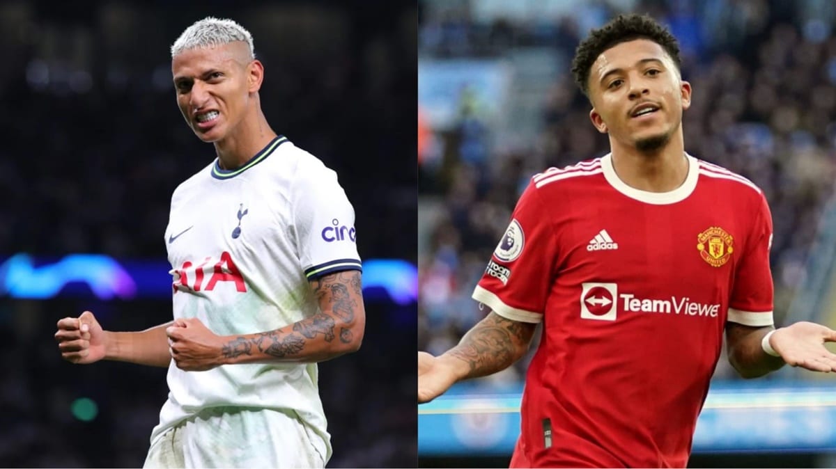 Richarlison, do Tottenham; e Jadon Sancho, do Manchester, são nomes estudados para substituir Neymar (Fotos: Reprodução/ GettyImages/ Montagem)