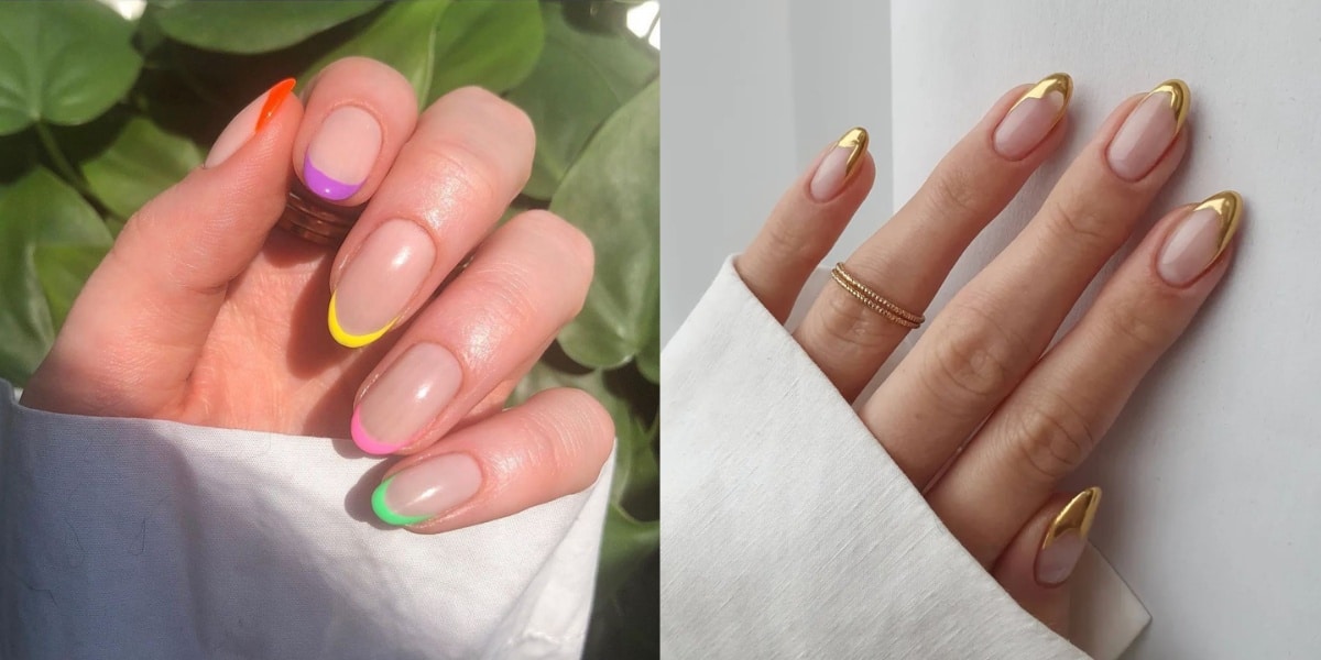 Unhas em gel com francesinhas coloridas e metálicas para fugir do tradicional (Imagem Reprodução Internet)