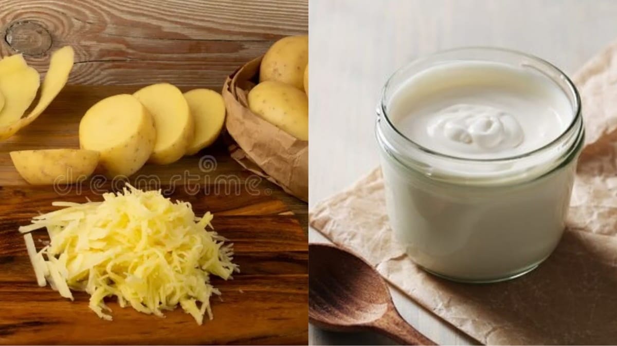 Batata crua ralada e Iogurte natural são os 2 ingredientes dessa poderosa máscara caseira que remove manchas (Fotos: Reprodução/ FreePik/ Montagem)