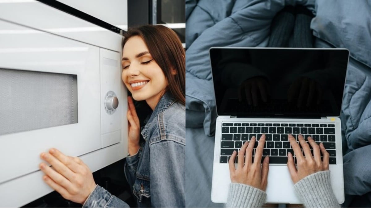 Micro-ondas e notebook sem modo soneca, completamente desligado, ajudam a economizar na conta de luz (Fotos: Reprodução/ FreePik/ Montagem)