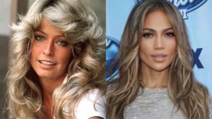 Farrah Fawcett com seu corte famoso no passado e Jennifer Lopez na atualidade usando estilo diferente do mesmo corte (Fotos: Reprodução/ Internet/ Montagem)