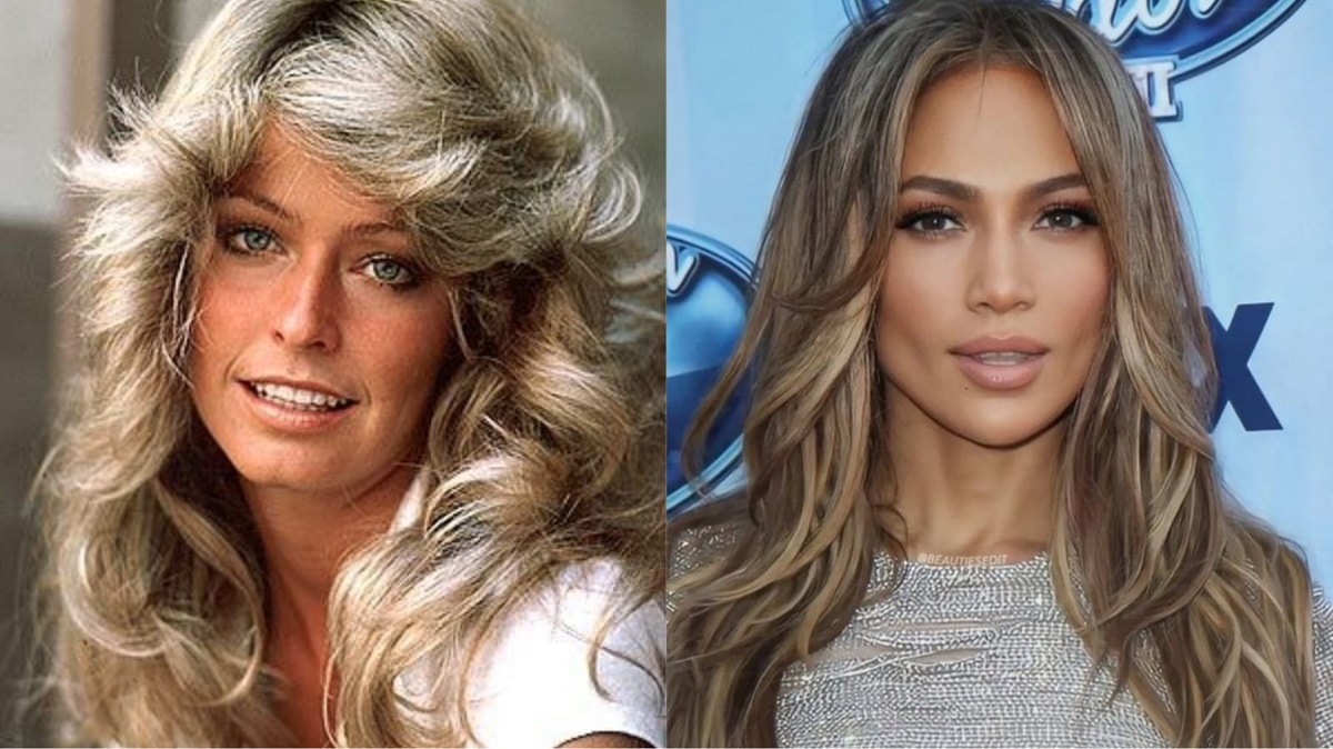 Farrah Fawcett com seu corte famoso no passado e Jennifer Lopez na atualidade usando estilo diferente do mesmo corte (Fotos: Reprodução/ Internet/ Montagem)