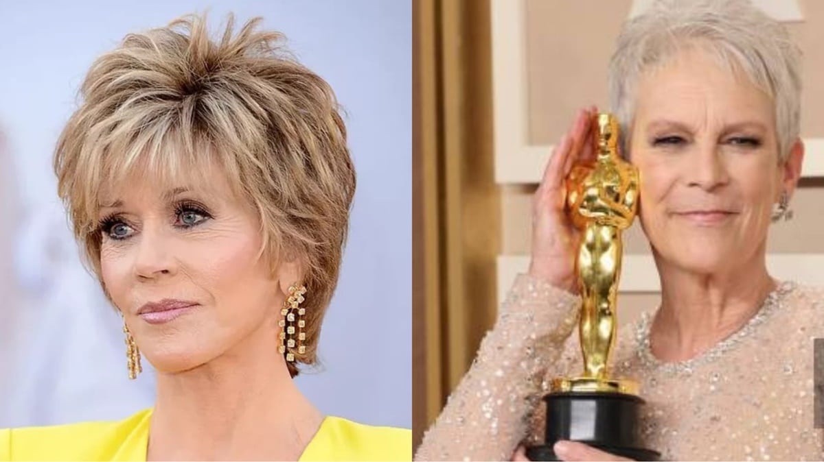 Jane Fonda, com mais de 80 anos, e Jamie Lee Curtis, com 65, remoçam com cortes curtos de cabelo (Fotos: Reprodução/ IMDB/ Montagem)