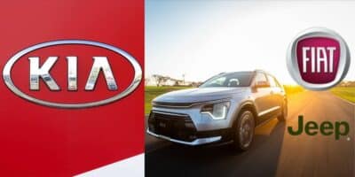 SUV híbrido Niro da Kia e logo da Fiat e Jeep (Foto: Reprodução / Internet / Montagem HoraDoBenefício)