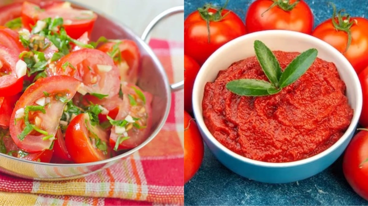 Salada de Tomates e Molho de Tomate são maneiras tradicionais de se usar o fruto na culinária (Fotos: Reprodução/ FreePik/ Montagem Gustavo)