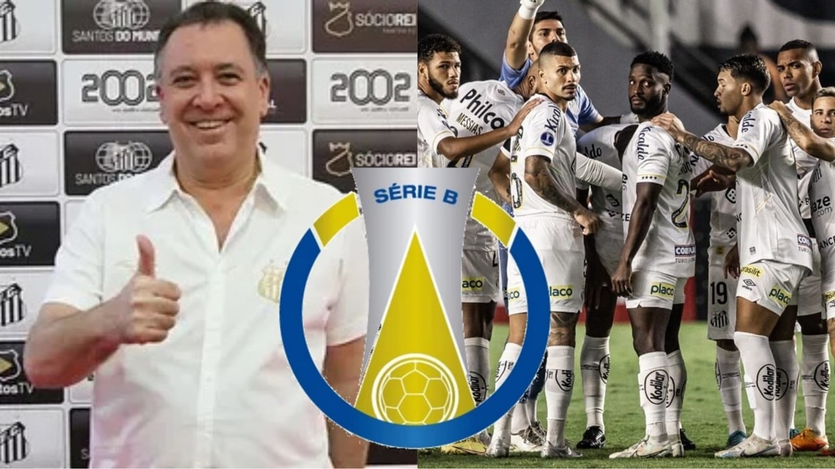 Marcelo Teixeira e elenco de jogadores do Santos; clube está na Série B em 2024 (Fotos: Reprodução/ Pedro Ernesto Guerra Azevedo/ Santos FC/ Montagem)