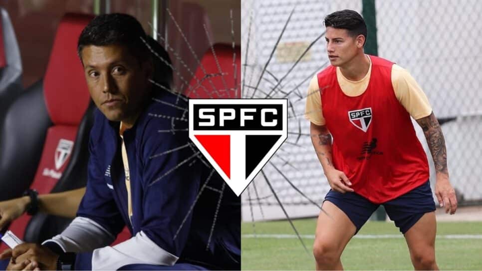 Thiago Carpini justifica ausência de James Rodríguez e fantasma da rescisão assombra CT Barra Funda (Fotos: Reprodução/ Rubens Chiri/ SPFC/ Montagem)