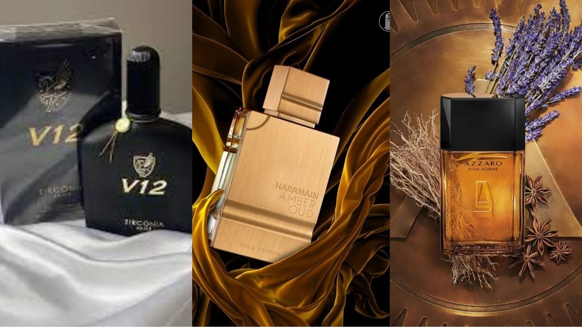 V12 Eau de Parfum;  Amber Oud Gold Edition; Azzaro pour Homme - marca perfumes masculinos (Fotos: Reprodução/ FreePik/ Montagem Gustavo)