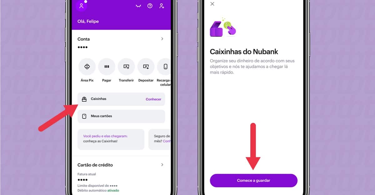 Exemplo de como se abrir a Caixinha do Nubank no app da fintech em seu celular (Foto: Reprodução/ Internet/ Montagem)